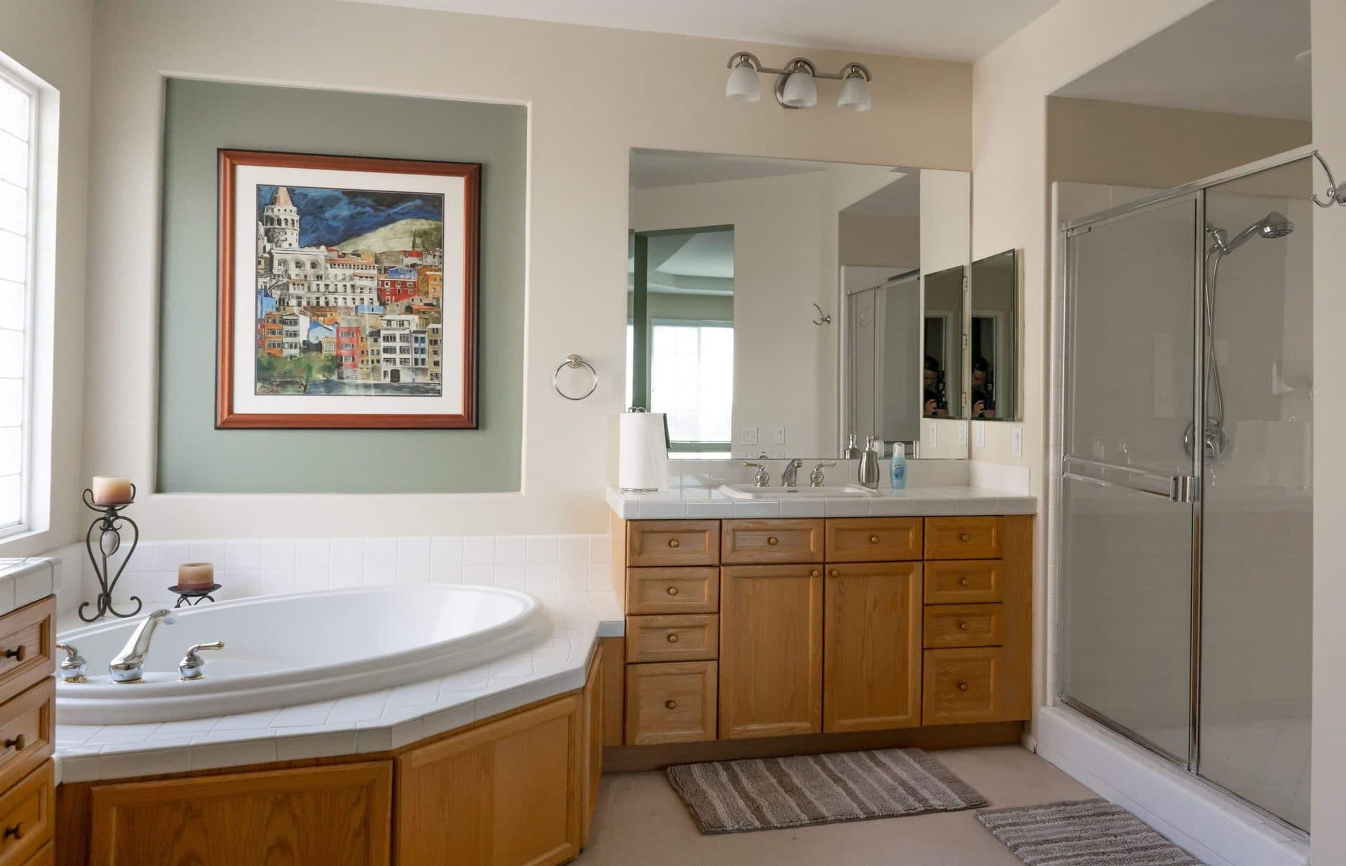 Bathroom with a soaking tub and walk-in shower