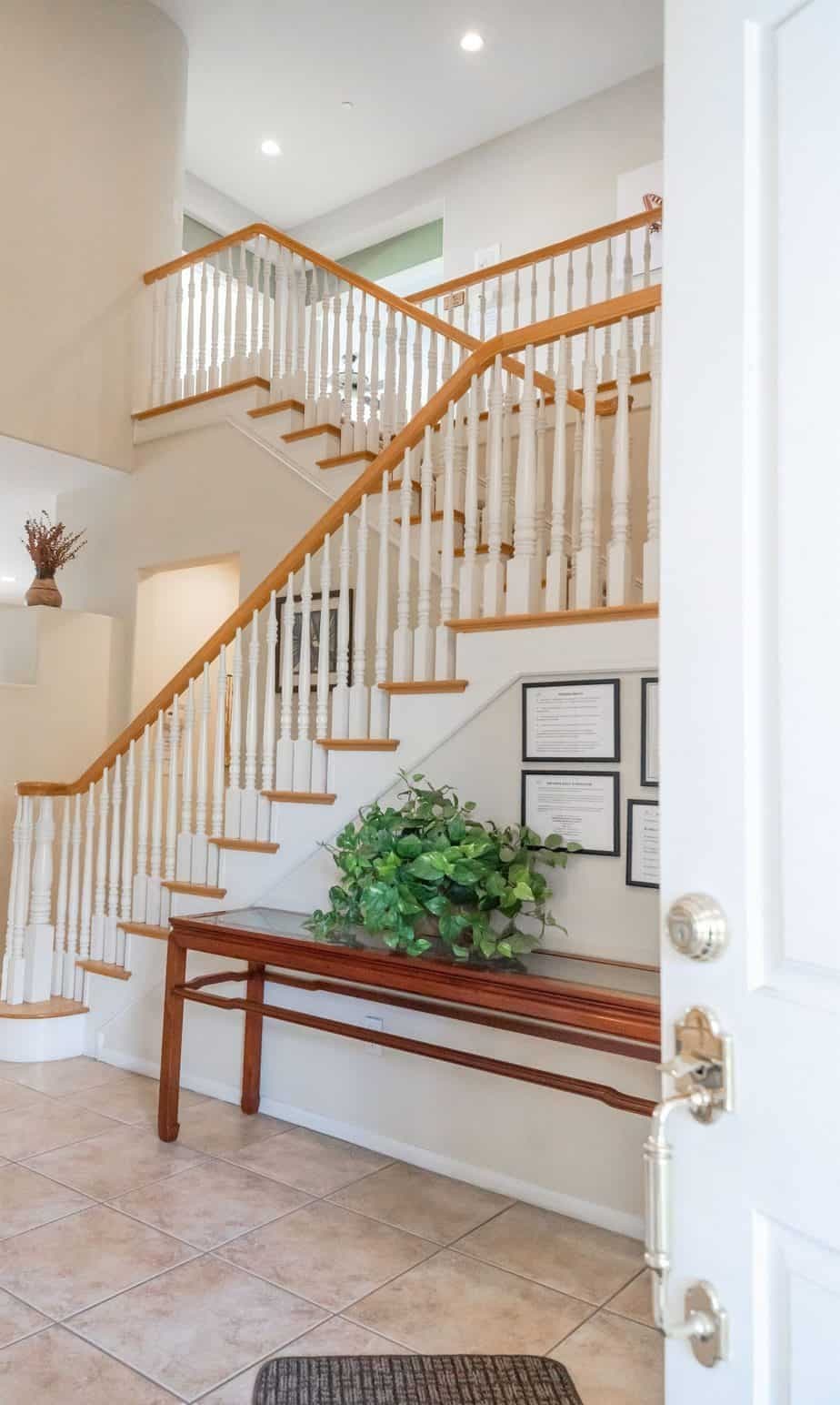 Staircase and landing with a bench